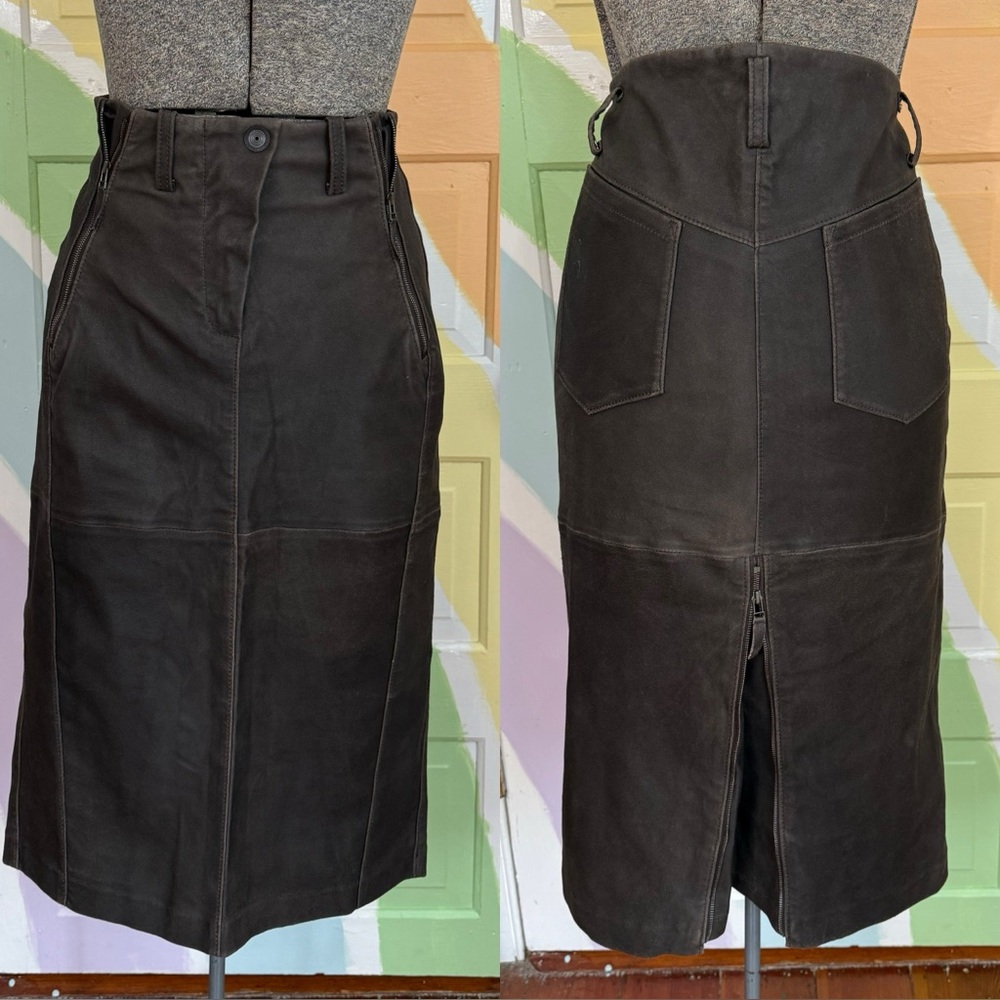 Annette Gortz 100% Leather Architectural Midi Skirt Zipper Details Sz 40 🧡🍄